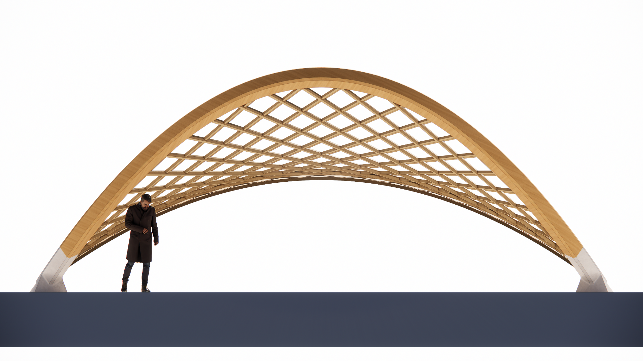 Timber saddle gridshell elevation with a person beneath the curved perimeter band