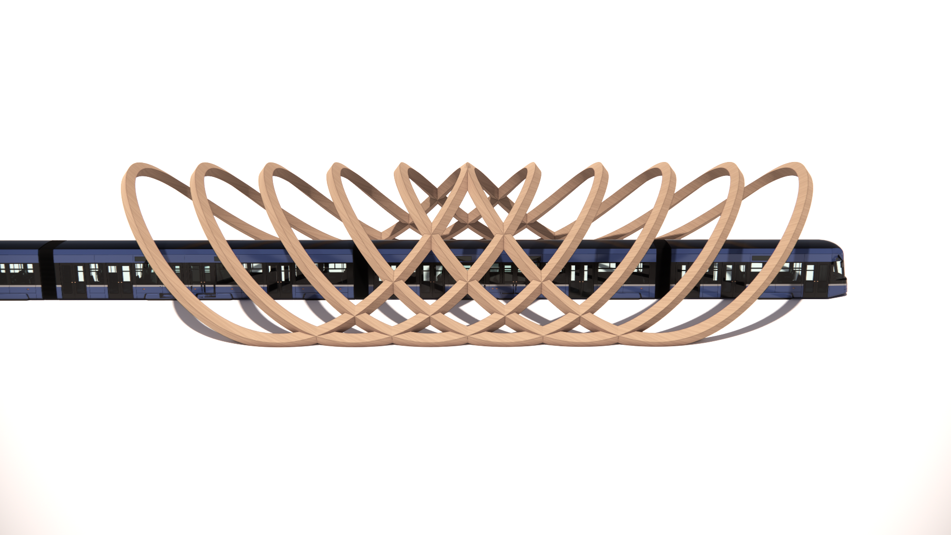 Repeated timber saddle bands overlapping along a horizontal axis