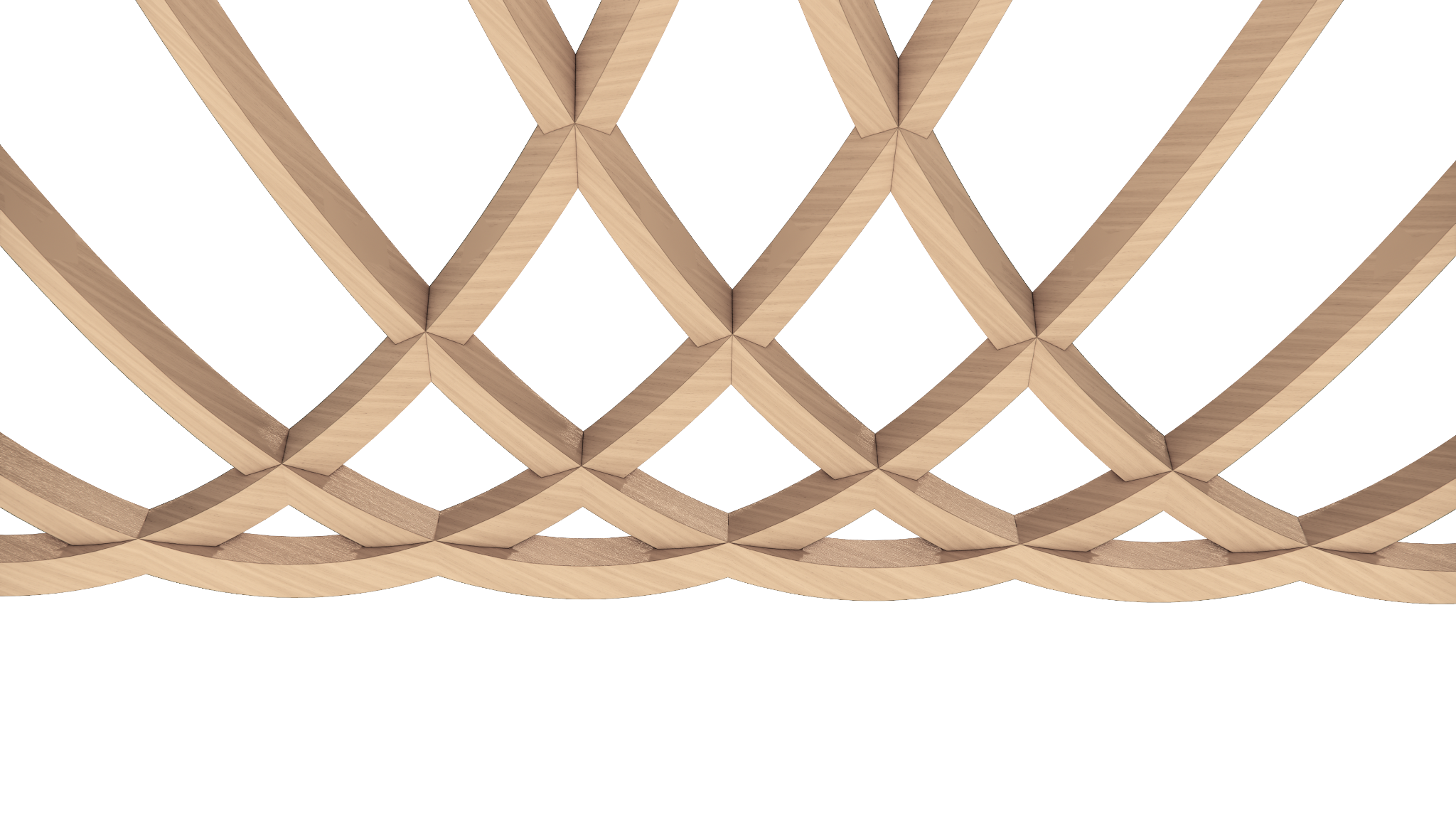 Close view of intersecting curved timber bands in the repeated array