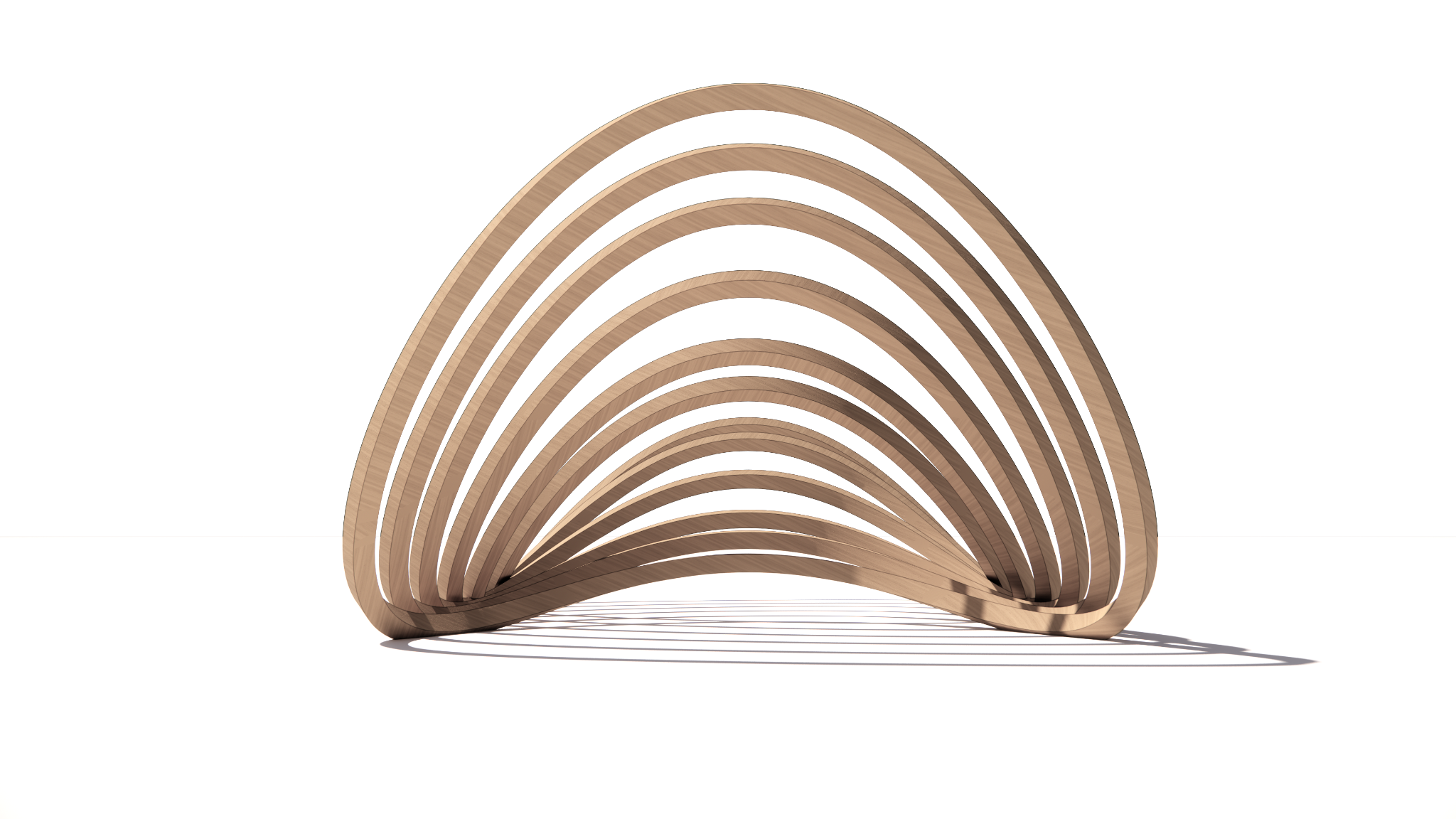 Front view of progressively rotated timber perimeter bands forming an arched theatre shell