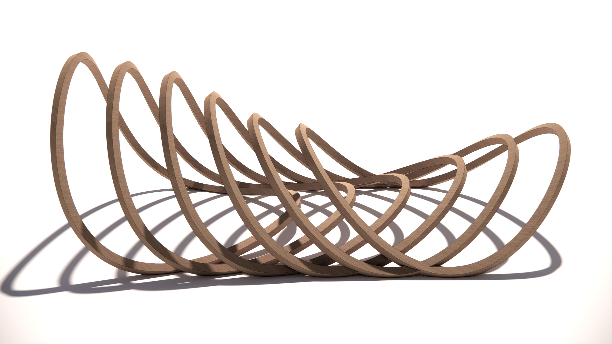 Side view of an array of curved timber bands rising through incremental rotation